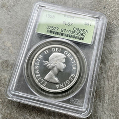 1958 Canada 1 Dollar Silver Coin One Proof Like PCGS Gem PL 67 Cameo Old Holder
