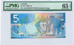 $5 Bank of Canada Note Mismatched Serial and Prefix Error - PMG Gem UNC 65 EPQ