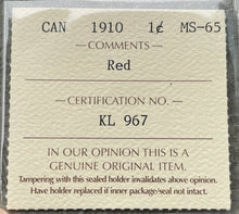 Load image into Gallery viewer, 1910 Large Cent Canada 1 Cent Coin Penny - ICCS Gem 65 Red
