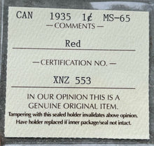 Load image into Gallery viewer, 1935 Small Cent Canada 1 Cent Coin Penny - ICCS Gem 65 Red
