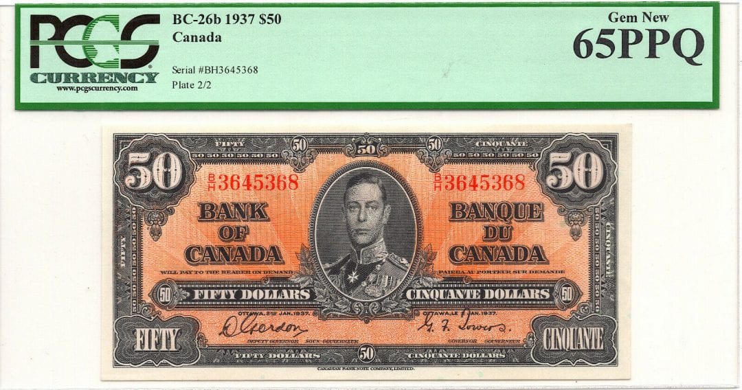 ✪ 1937 $50 Bank of Canada Gordon Towers BC-26b - PCGS Gem Unc 65 PPQ