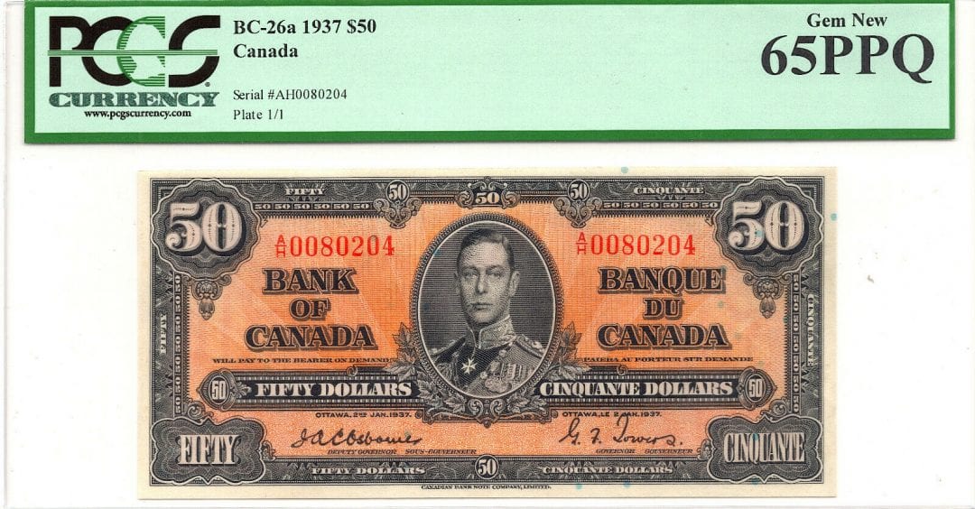 ✪ 1937 $50 Bank of Canada BC-26a Osborne Towers - PCGS Gem UNC 65 PPQ - Scarce!