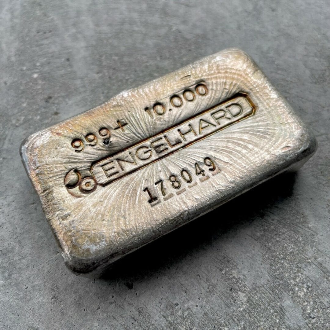 Engelhard 10 oz .999 Silver Poured Bar - Pretty toning patina and pour lines