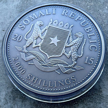 Load image into Gallery viewer, 2015 Elephant Somalia Kilo coin 32.15 oz .999 Silver Antique Finish 200 Mintage
