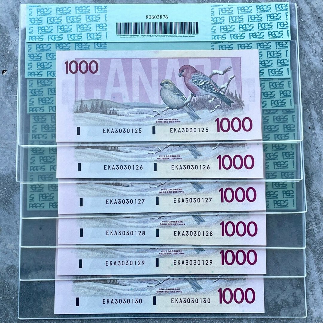 1988 $1000 Bank of Canada EKA PCGS Gem UNC 66 PPQ - 6 Consecutive Notes