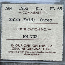Load image into Gallery viewer, 1953 Canada 1 Dollar Silver Coin One Dollar Proof Like ICCS Gem PL 65 Old Holder
