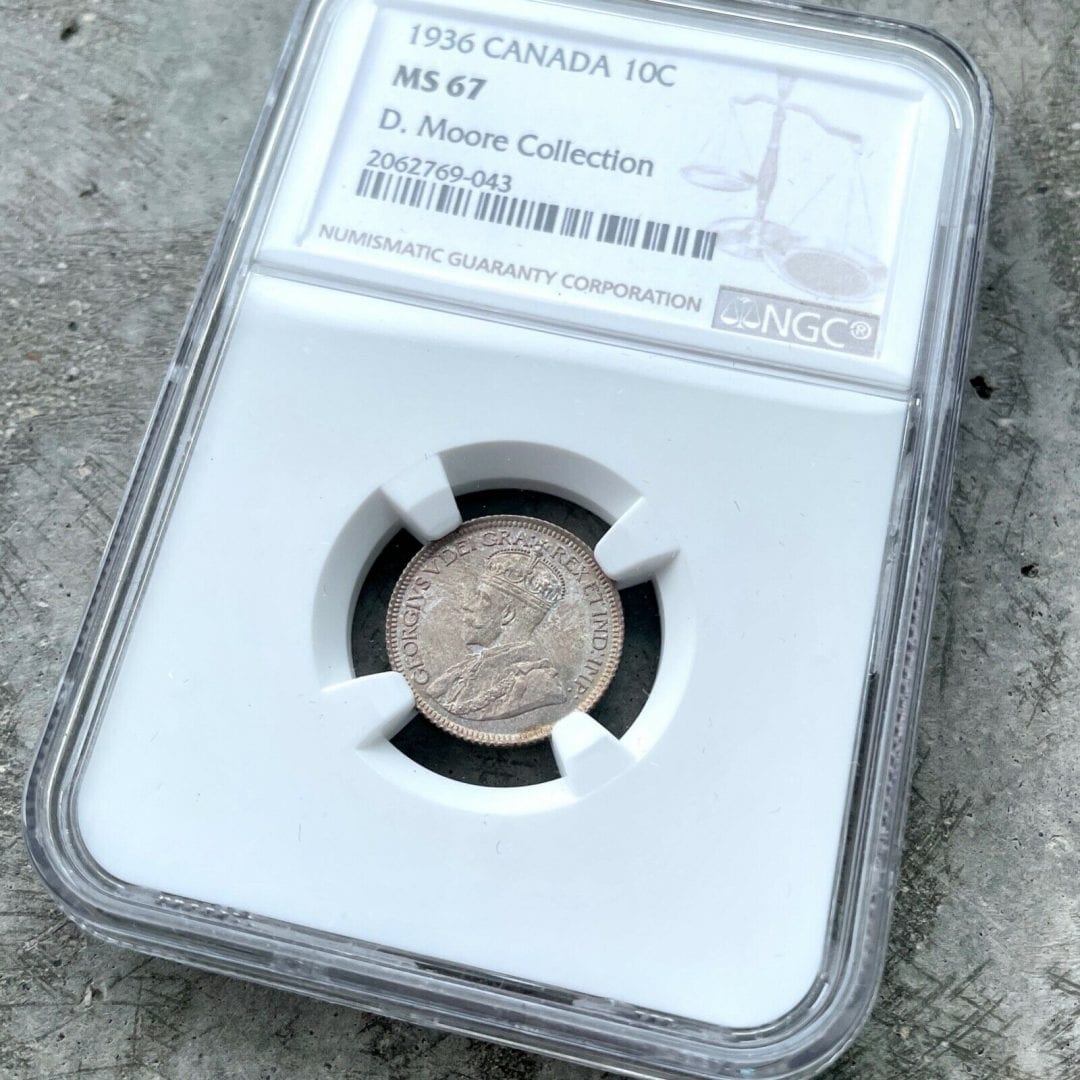 1936 Canada 10 Cent Silver Coin Dime NGC MS Gem 67 - Stunning Toning
