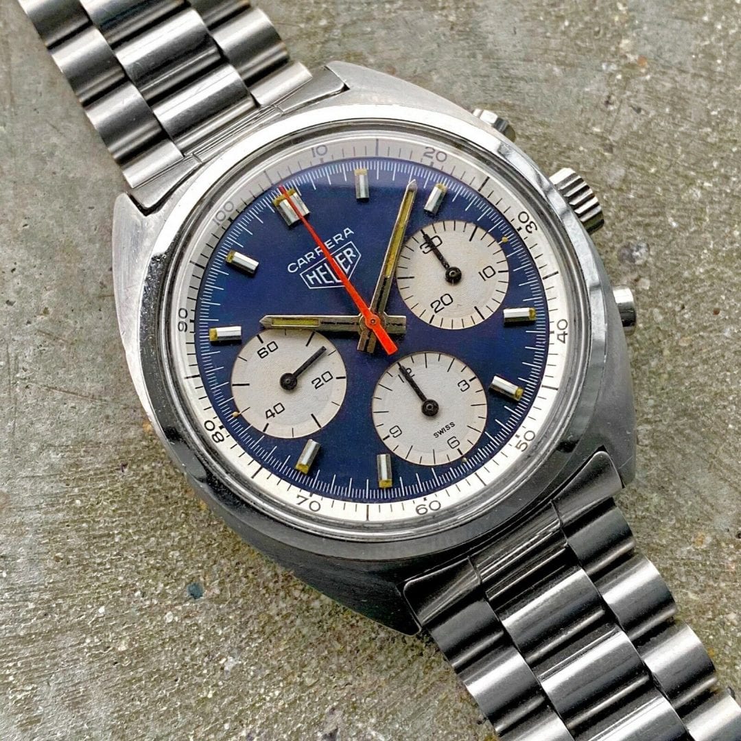 1970s Heuer Carrera Blue Dial 73653 Chronograph Valjoux 7736
