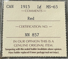 Load image into Gallery viewer, 1915 Large Cent Canada 1 Cent Coin Penny - ICCS Gem 65 Red
