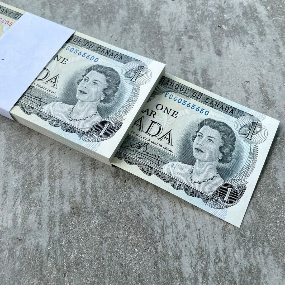 1973 Bundle of $ 1 Canada Banknotes - 100 Consecutive notes - Perfect with Radar