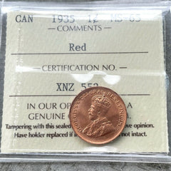 1935 Small Cent Canada 1 Cent Coin Penny - ICCS Gem 65 Red