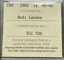 Load image into Gallery viewer, 1901 Large Cent Canada 1 Cent Coin Penny- ICCS Gem 66 Red
