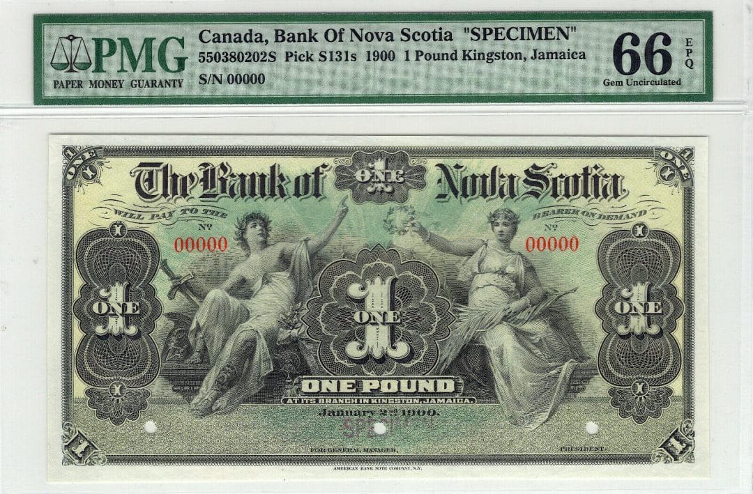1900 $1 Canada Bank of Nova Scotia Kingston Jamaica PMG UNC 66 EPQ Specimen