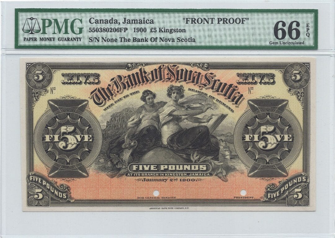 1900 $5 Canada Bank of Nova Scotia Kingston Jamaica PMG UNC 66 EPQ Front Proof