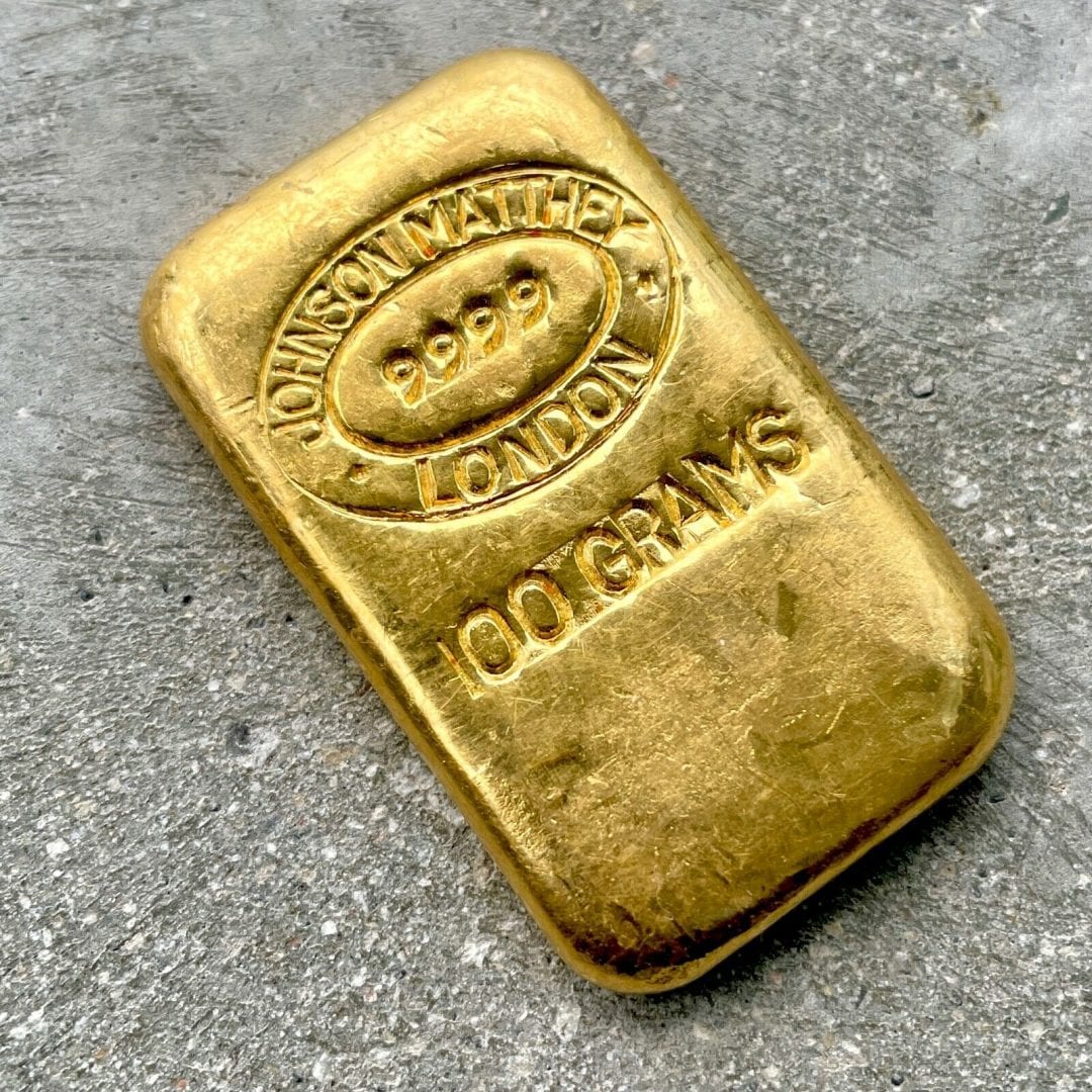 Johnson Matthey London 100 Gram Gold Poured Bar 3.215 oz .999 Fine - Perfect!
