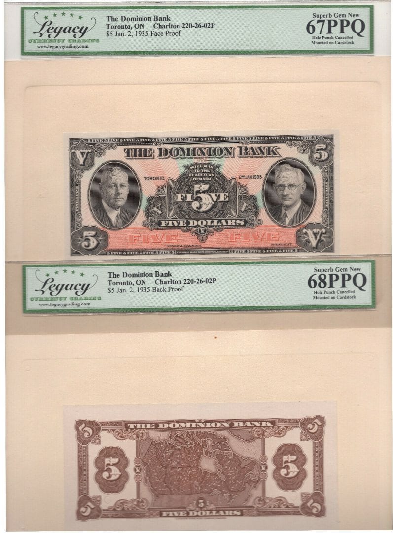 1935 $5 Dominion Bank Canada Toronto Face + Back Proof - 67 PPQ / 68 PPQ