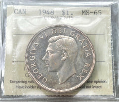 1948 Canada 1 Dollar Silver Coin One Dollar ICCS MS 65 Gem Unc - Nice Toning