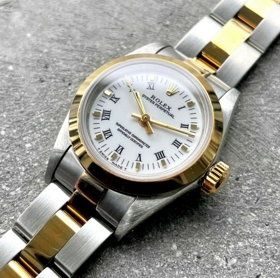 1991 Rolex 24 mm Ladies 67183 Two Tone White Oyster Box Papers NOS New Old Stock