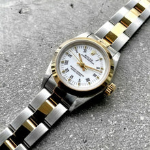 Load image into Gallery viewer, 1991 Rolex 24 mm Ladies 67183 Two Tone White Oyster Box Papers NOS New Old Stock
