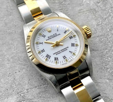 Load image into Gallery viewer, 1991 Rolex 24 mm Ladies 67183 Two Tone White Oyster Box Papers NOS New Old Stock
