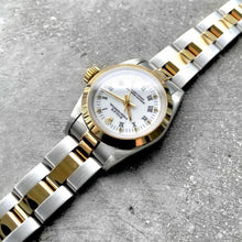 Load image into Gallery viewer, 1991 Rolex 24 mm Ladies 67183 Two Tone White Oyster Box Papers NOS New Old Stock
