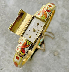 1950s Gubelin 18K Yellow Gold Ladies wristwatch bangle - Incredible Enamelling