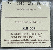Load image into Gallery viewer, 1919 Canada 25 Cent Silver Coin Quarter ICCS MS Gem 66 - Simply Stunning
