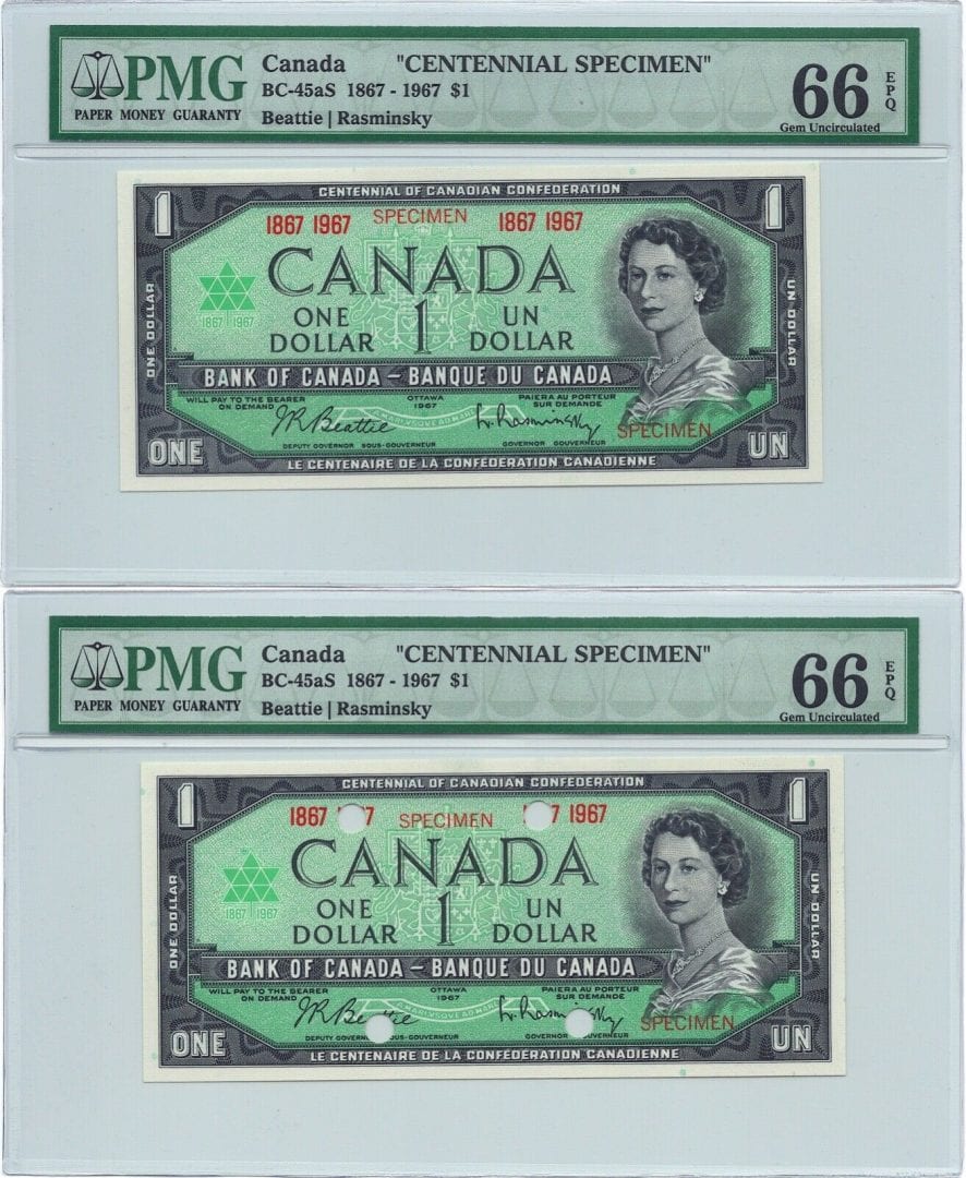 1867 1967 $1 Bank of Canada Note Specimen Set BC-45aS – PMG UNC 66 EPQ