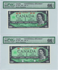 1867 1967 $1 Bank of Canada Note Specimen Set BC-45aS – PMG UNC 66 EPQ