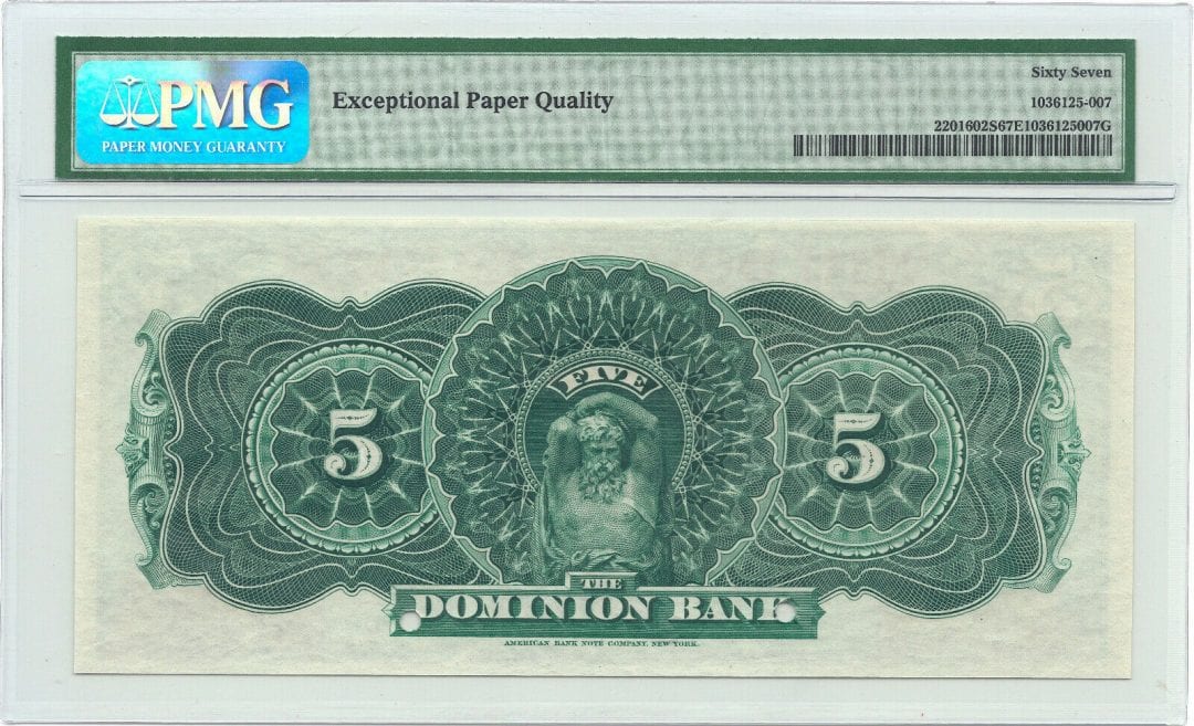 1896 $5 The Dominion Bank Toronto Canada S/N - PMG UNC 67 EPQ - SPECIMEN