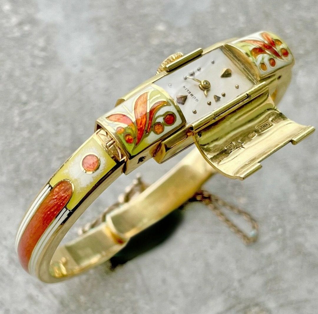 1950s Gubelin 18K Yellow Gold Ladies wristwatch bangle - Incredible Enamelling