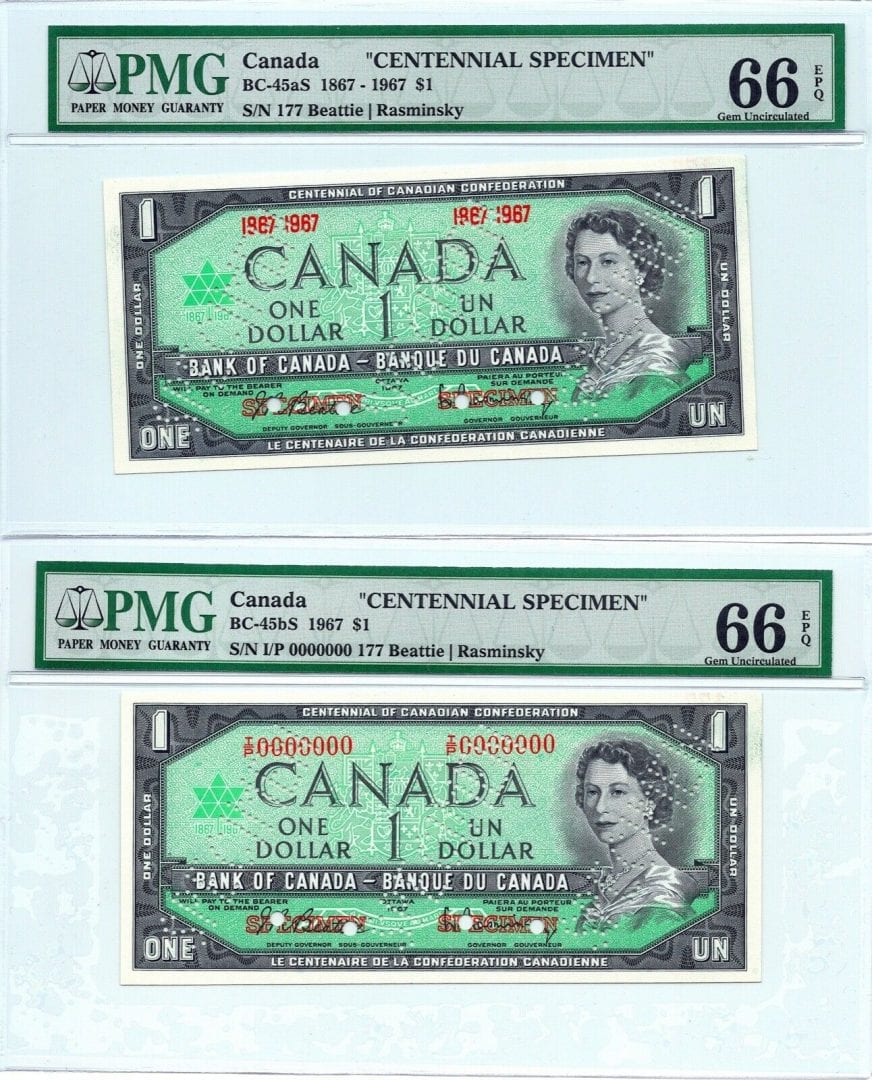 1867 1967 $1 Bank of Canada Note Specimen Set BC-45aS - PMG UNC 66 EPQ