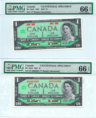 1867 1967 $1 Bank of Canada Note Specimen Set BC-45aS - PMG UNC 66 EPQ
