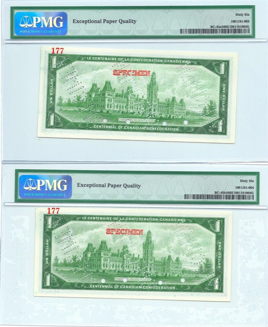 1867 1967 $1 Bank of Canada Note Specimen Set BC-45aS - PMG UNC 66 EPQ