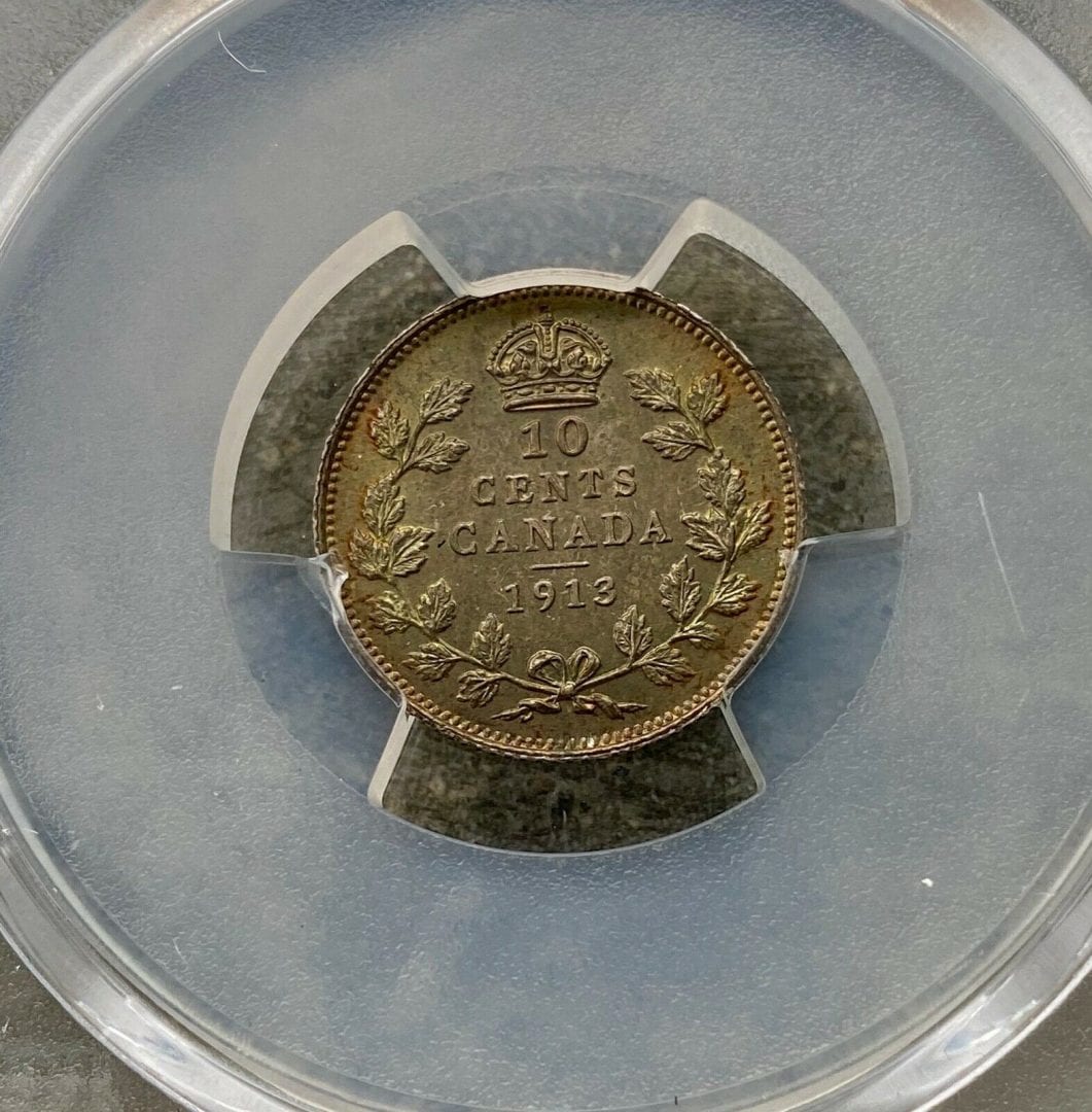 1913 Small Leaves Canada 10 Cent Silver Coin Dime - PCGS MS-65