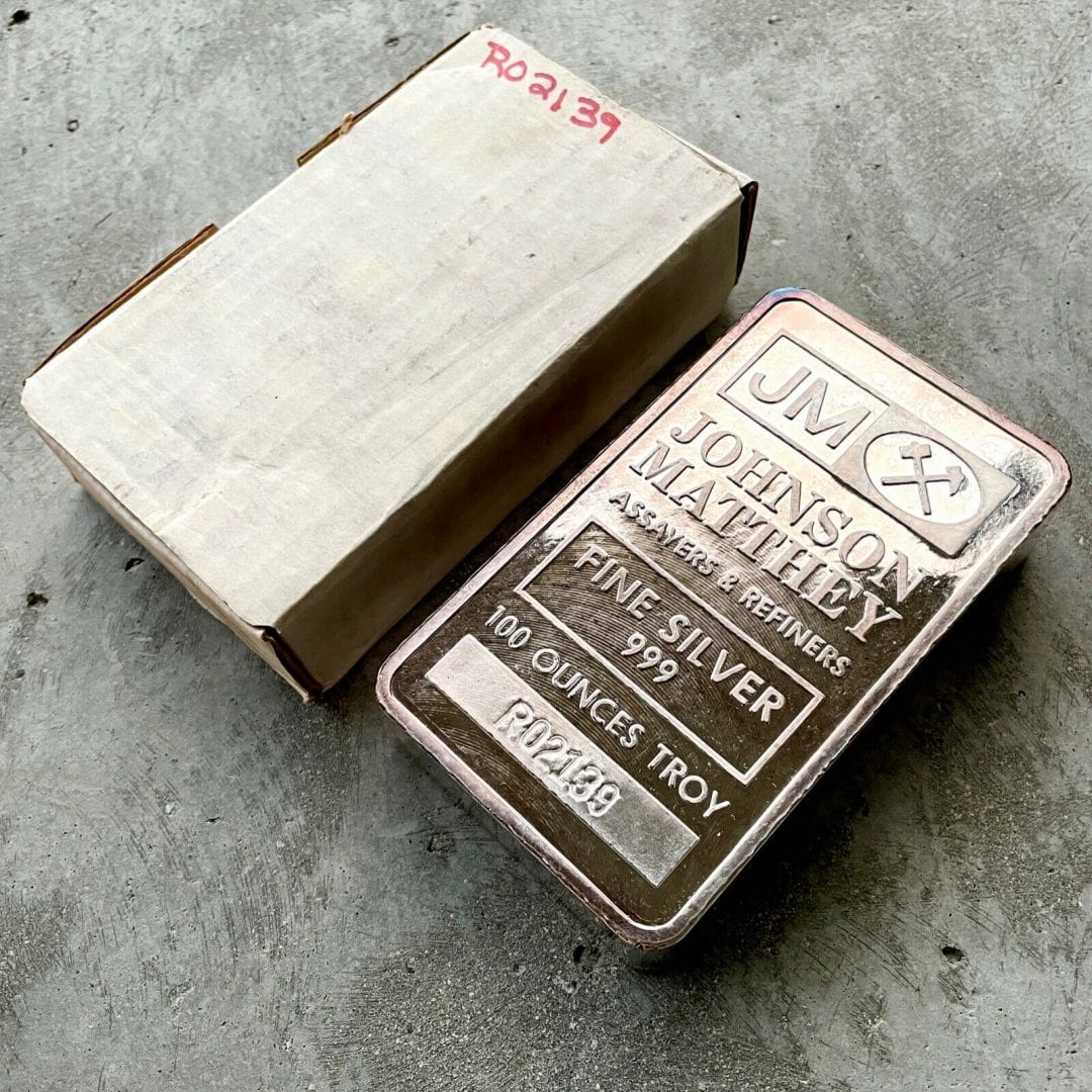 Vintage Johnson Matthey 100 oz .999 Silver Bar - Attractive with original box!