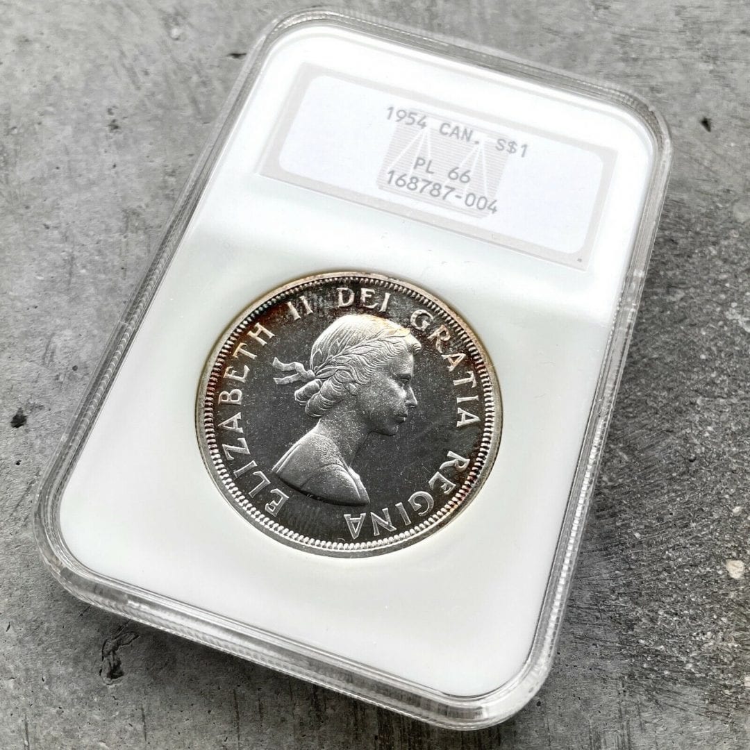 1954 Canada 1 Dollar Silver Coin One Proof Like NGC PL 66 - Rainbow edge Toning