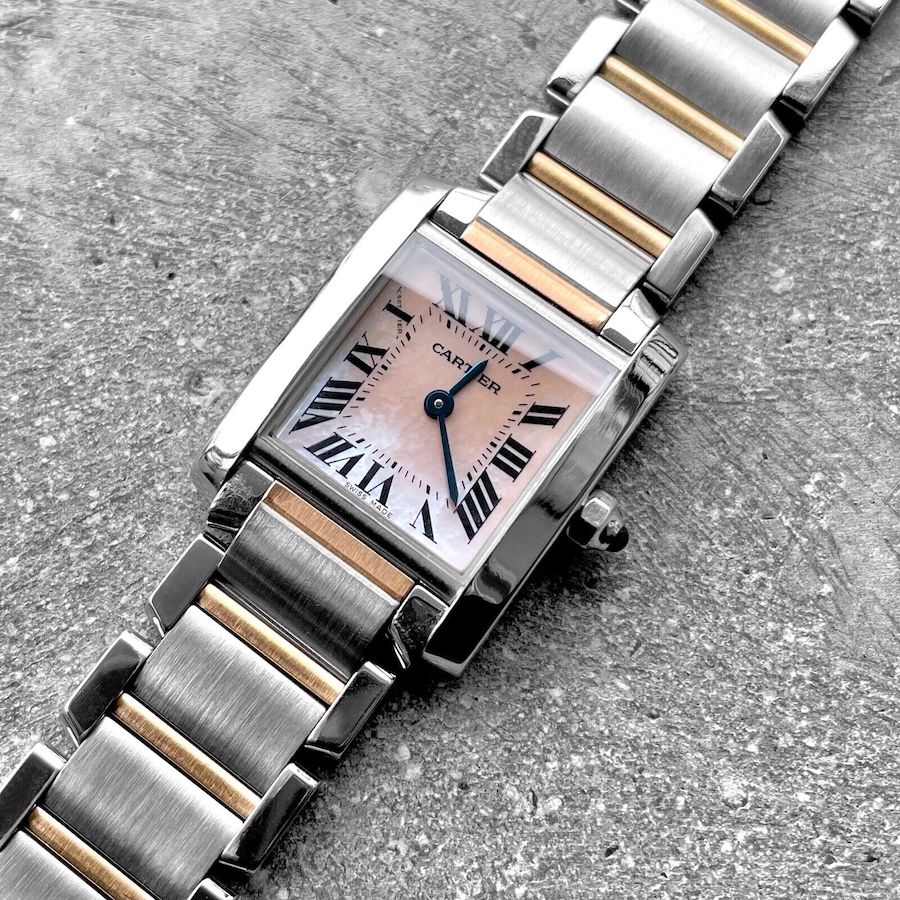 Cartier Pink MOP Mother of Pearl Tank Francaise 2384 Steel + Gold - Box Papers