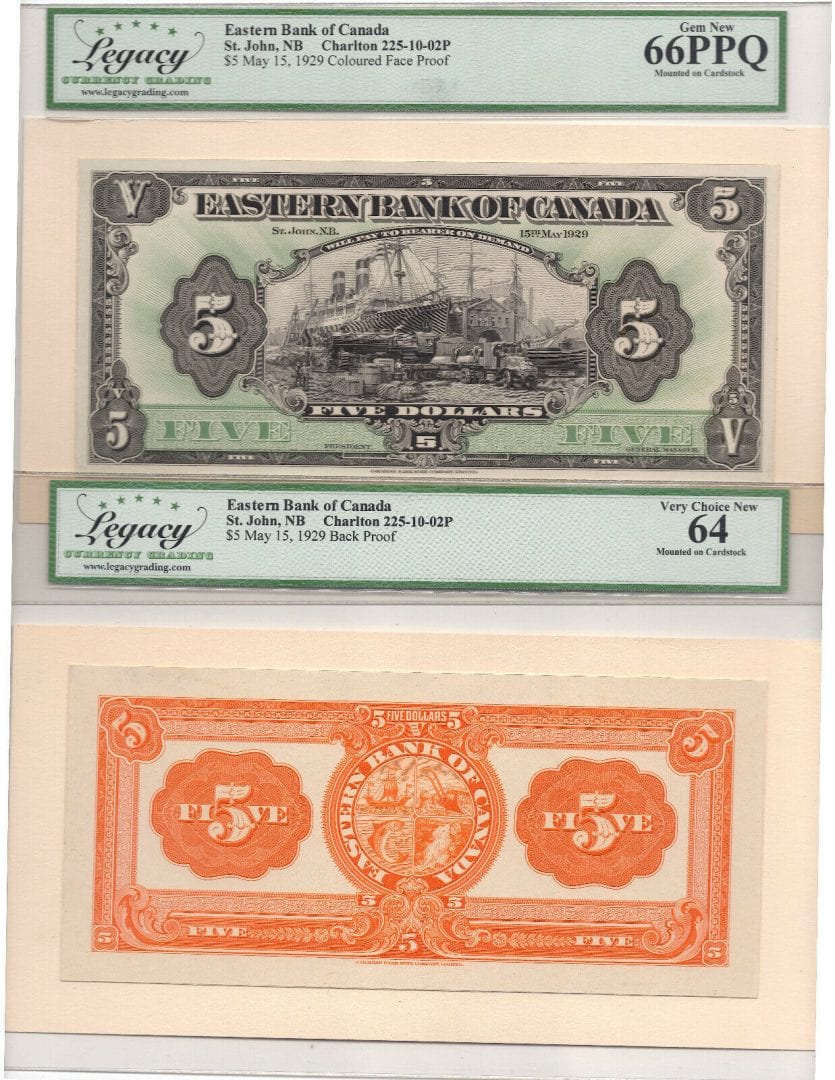 1929 $5 Eastern Bank of Canada Face + Back Proof - Legacy 66 / 64 PPQ