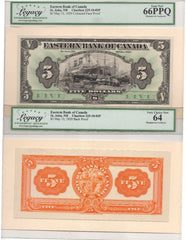 1929 $5 Eastern Bank of Canada Face + Back Proof - Legacy 66 / 64 PPQ