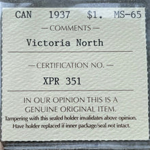 Load image into Gallery viewer, 1937 Canada 1 Dollar Silver Coin One Dollar - ICCS Gem 65 - Victoria North
