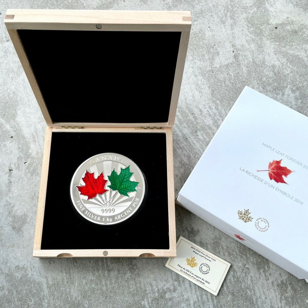 2014 Canada Kilo .9999 Fine Silver Coin $250 Maple Leaf Forever Stunning Enamel