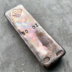 Johnson Matthey 50 oz .999 Silver Poured Bar - Incredible Rainbow Toning