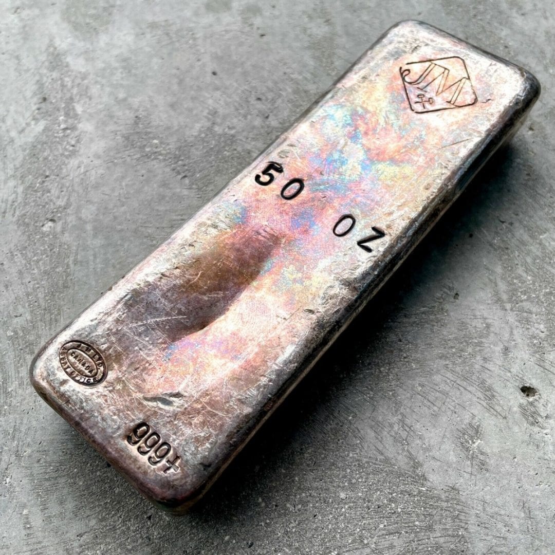 Johnson Matthey 50 oz .999 Silver Poured Bar - Incredible Rainbow Toning