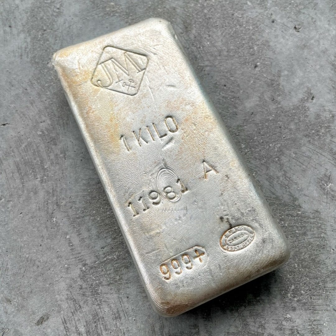 Rare Johnson Matthey 1 Kilo .999 Silver Poured Bar 32.15 oz