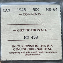 Load image into Gallery viewer, 1948 Canada 50 Cent Silver Coin Half Dollar ICCS Choice Unc 64 - Old Holder

