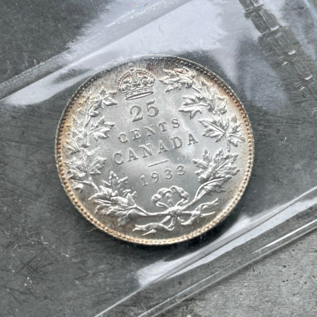1933 Canada 25 Cent Silver Coin Quarter ICCS MS Gem 65 - Light rim toning