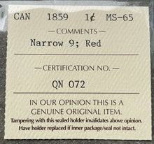 Load image into Gallery viewer, 1859 Large Cent Canada 1 Cent Coin Penny- ICCS Gem 65 Red
