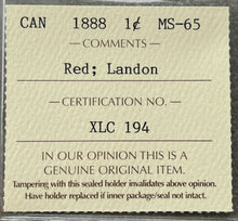 Load image into Gallery viewer, 1888 Large Cent Canada 1 Cent Coin Penny - ICCS Gem 65 Red
