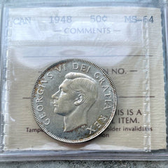 1948 Canada 50 Cent Silver Coin Half Dollar ICCS Choice Unc 64 - Old Holder